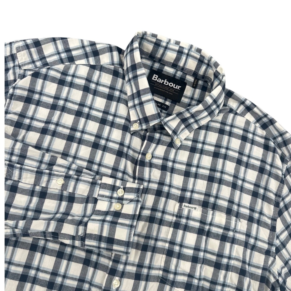 Barbour Mens Regular Fit Plaid Button Down Shirt Blue Navy White Size Medium